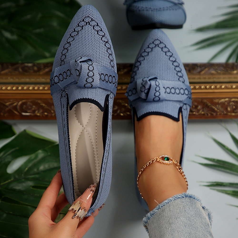 Pointed Bow Top Knit Ballet Flat Casual Loafer Contrast Color Trim Slip-on Shoes